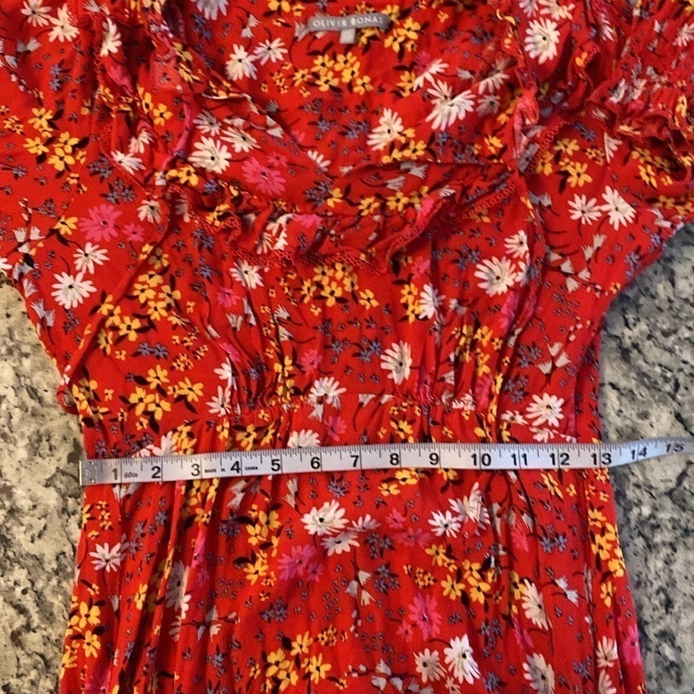 Oliver Bonas Floral Print & Frilled Bib Trim Red Midi Dress 2 EE29 - Picture 16 of 16